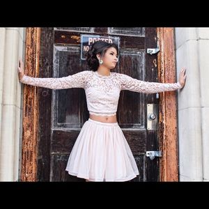 Buff pink and nude short formal dress